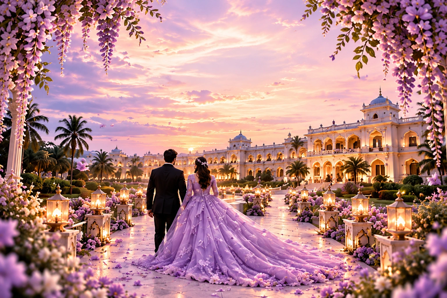 Illustrative couple in lavender and black in a flower-filled palace garden at sunset